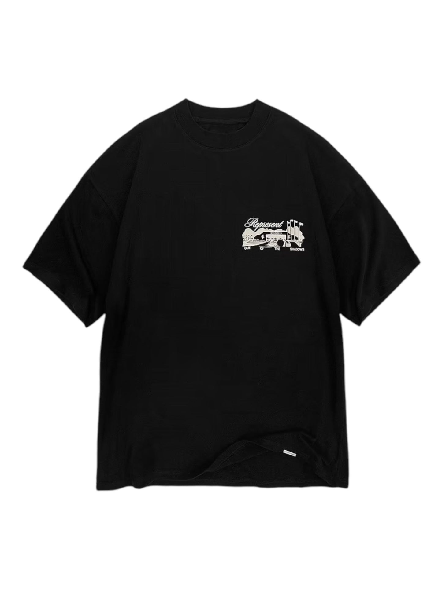 The REPRESENT MLM41063 Raceway Tee in Black features a small chest graphic.