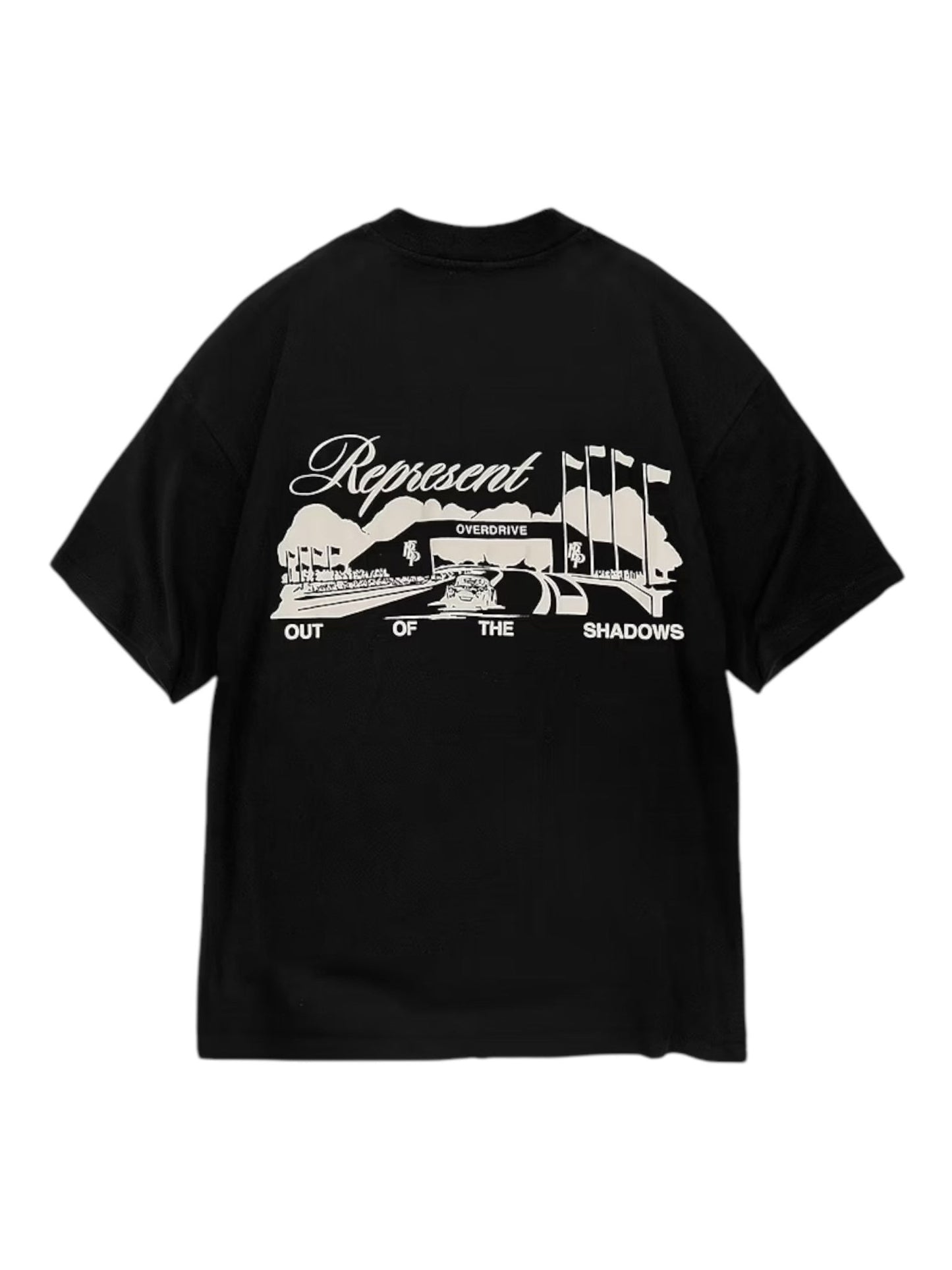 The Represent MLM41063 Raceway Tee by REPRESENT is a black T-shirt featuring a white graphic design with the text "Represent," along with cars, flags, and "Out of the Shadows.