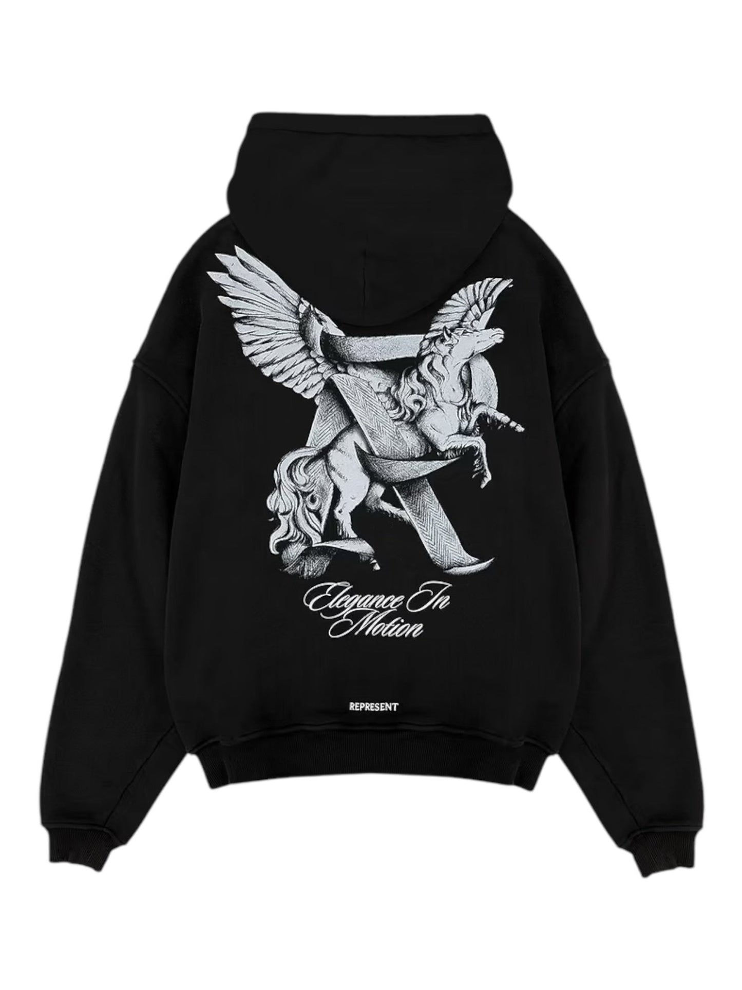 Black hoodie with a flying unicorn graphic on the back, text "Elegance In Motion," and "REPRESENT" under the design (MLM41065 ELEGANCE MOTION HOOD BLK).