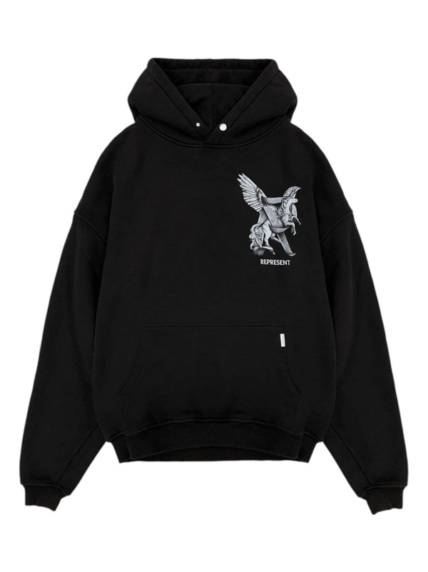 Black "Represent MLM41065 Elegance In Motion" hoodie featuring a graphic of a winged horse and the text "REPRESENT" on the front.