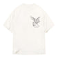 The Represent MLM41066 Elegance in Motion Tee in White, by REPRESENT, is an oversized T-shirt made of soft jersey cotton with a large winged creature graphic and "REPRESENT" on the front.