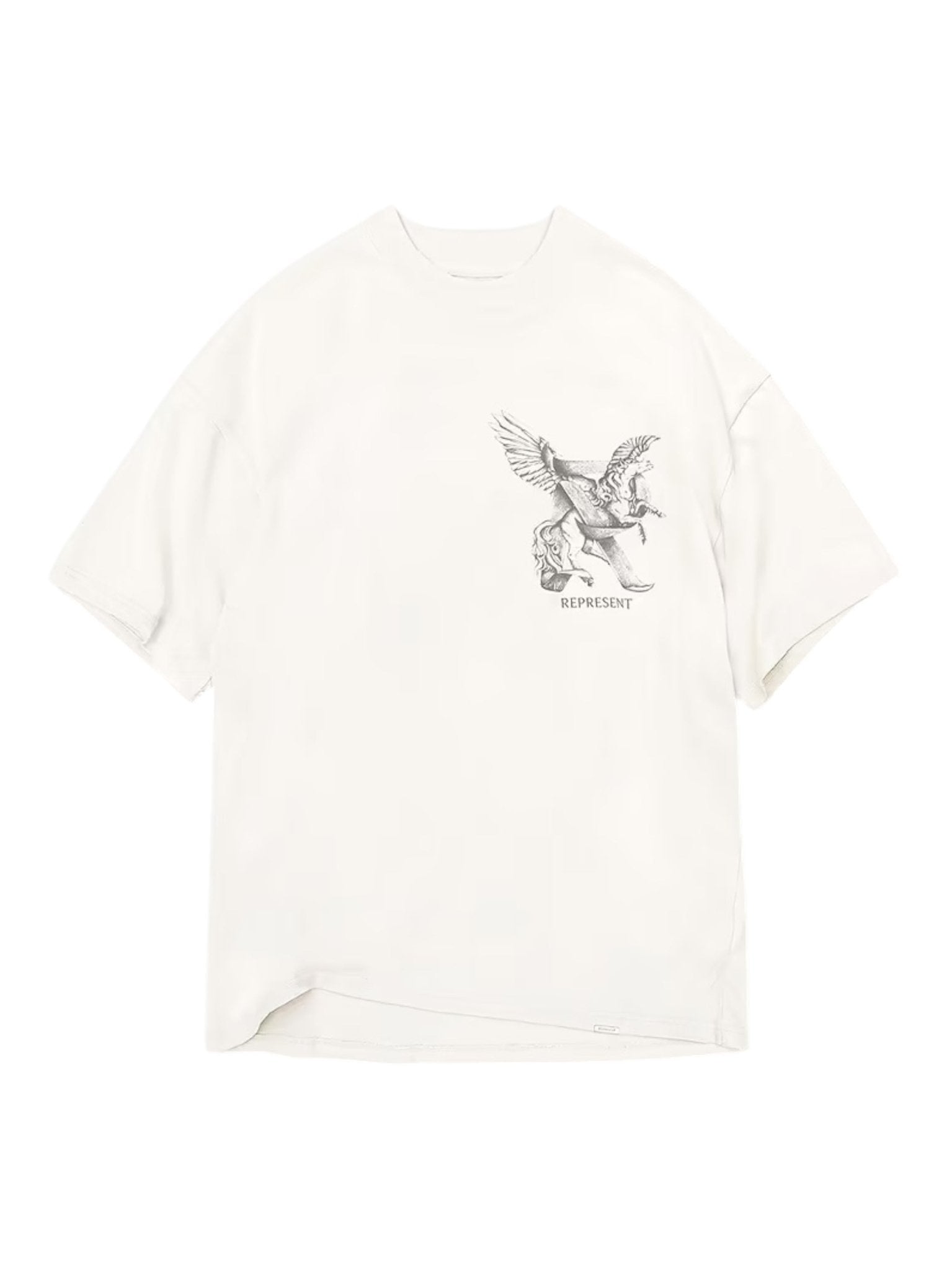 The Represent MLM41066 Elegance in Motion Tee in White, by REPRESENT, is an oversized T-shirt made of soft jersey cotton with a large winged creature graphic and "REPRESENT" on the front.