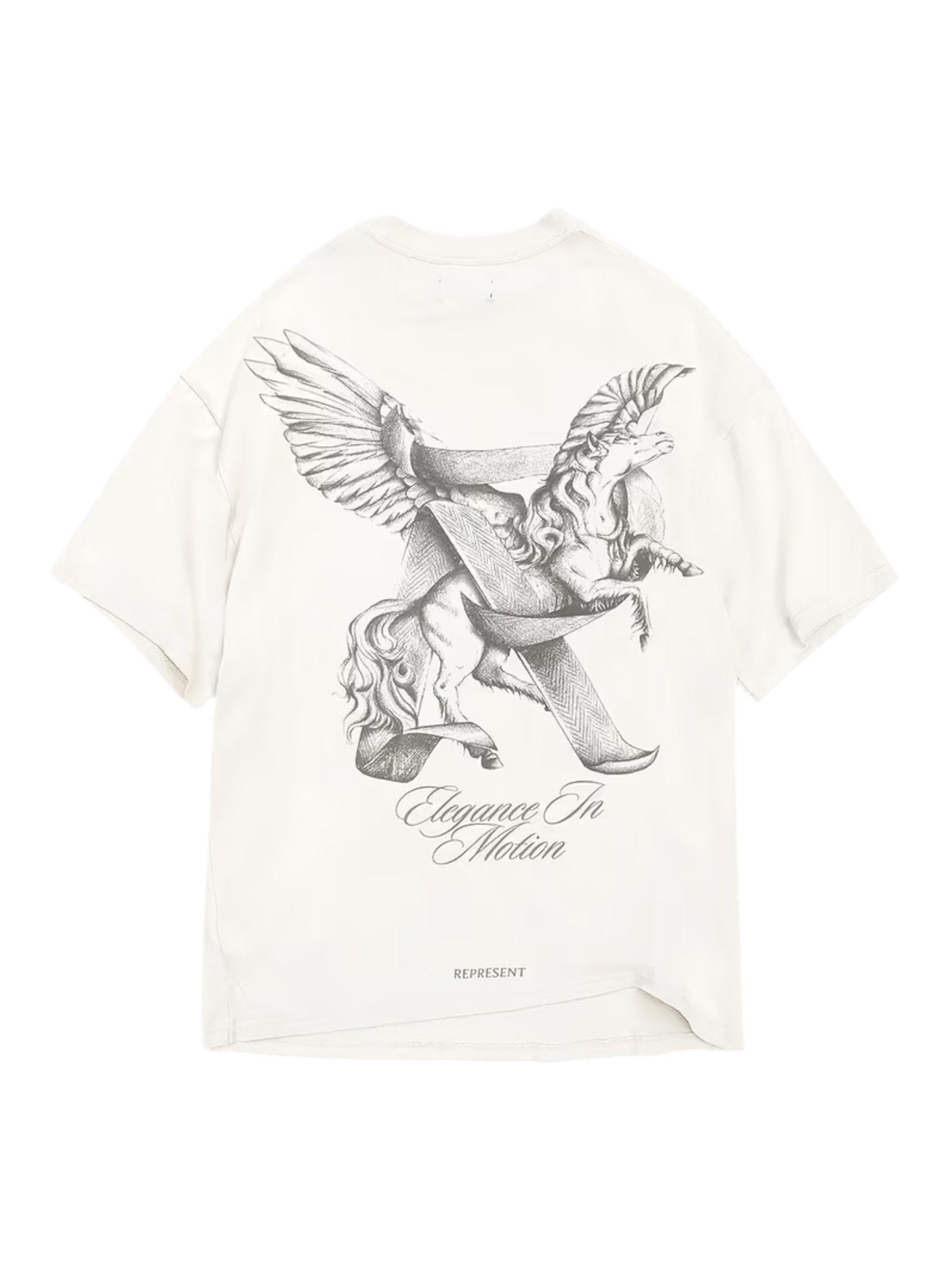 The REPRESENT MLM41066 Elegance in Motion Tee is an oversized white t-shirt crafted from soft jersey cotton, featuring a grayscale winged horse illustration and "Elegance in Motion" on the back.