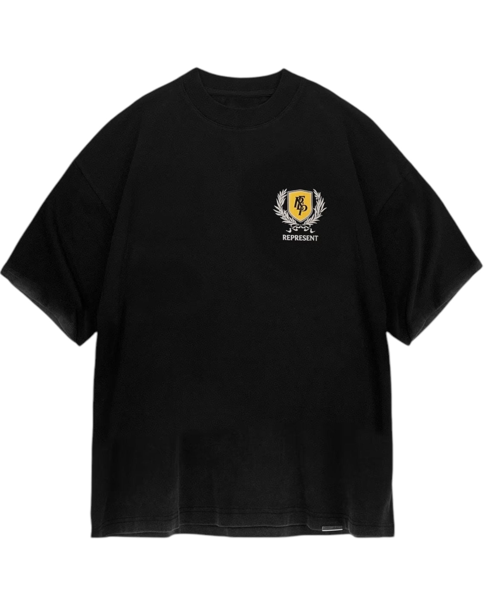 The Represent MLM41069 Crest T-shirt in Vintage Black by REPRESENT features a yellow and black winged crest logo with "Represent" on the front, showcasing classic Overdrive Branding style.