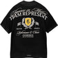 The Represent MLM41069 Crest T-shirt in Vintage Black features "Elegance in Motion" and racing themes like flags and a shield, along with "Motor Sports" and "TFAM REPRESENT." Embrace Overdrive Branding with "Performance & Music Overdrive" for a stylish edge.