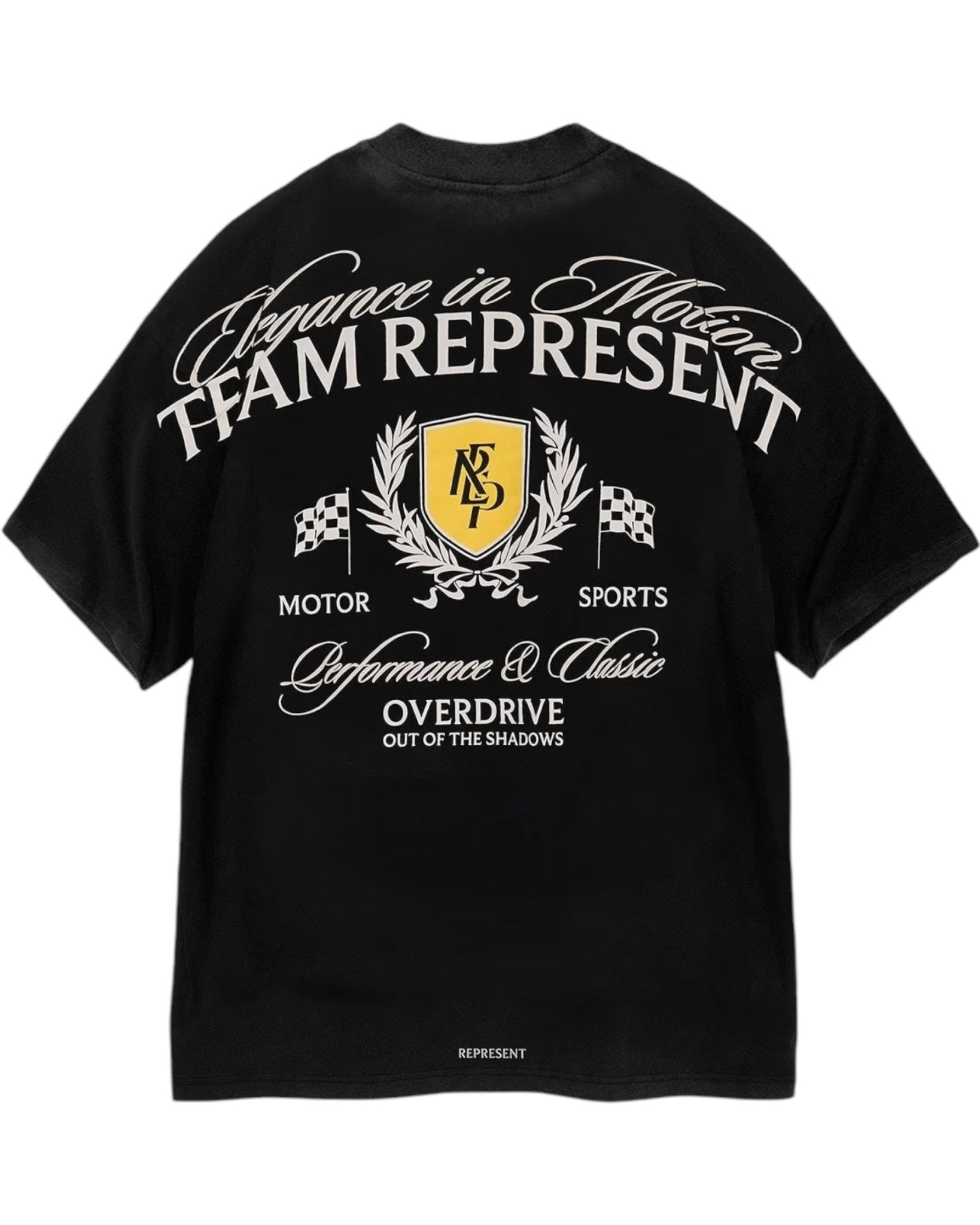 The Represent MLM41069 Crest T-shirt in Vintage Black features "Elegance in Motion" and racing themes like flags and a shield, along with "Motor Sports" and "TFAM REPRESENT." Embrace Overdrive Branding with "Performance & Music Overdrive" for a stylish edge.