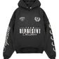 The Represent MLM41144 World Championship Hoodie in Black by REPRESENT features "Team Represent Cheshire" text, vintage style, and logos on the chest and sleeves. It has an oversized boxy fit for extra comfort.