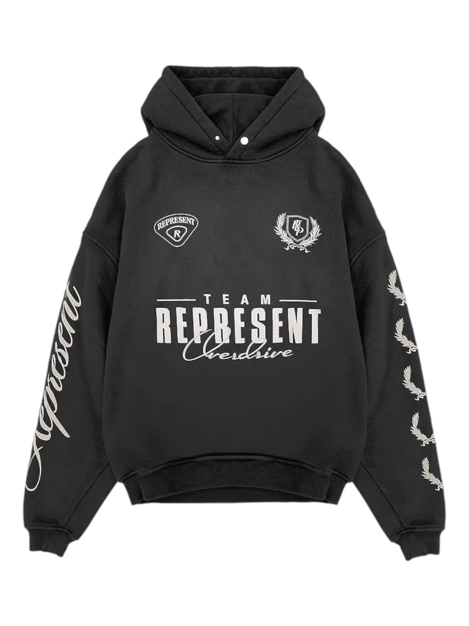 The Represent MLM41144 World Championship Hoodie in Black by REPRESENT features "Team Represent Cheshire" text, vintage style, and logos on the chest and sleeves. It has an oversized boxy fit for extra comfort.