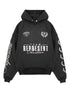 The Represent MLM41144 World Championship Hoodie in Black by REPRESENT features "Team Represent Cheshire" text, vintage style, and logos on the chest and sleeves. It has an oversized boxy fit for extra comfort.