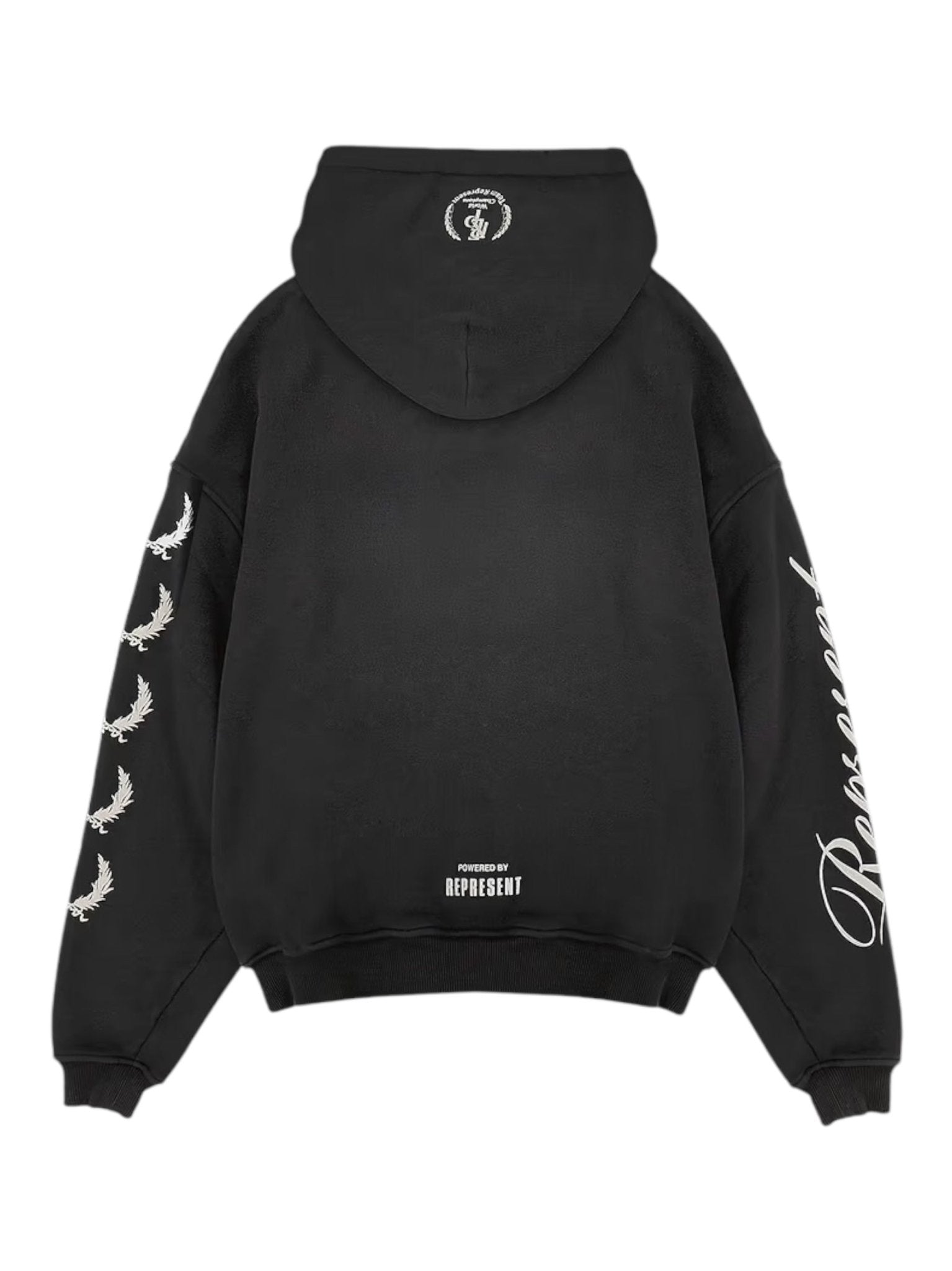 The Represent MLM41144 World Championship Hoodie in Black by REPRESENT features bird graphics on the sleeves and back, combining a vintage look with an oversized boxy fit for effortless style and comfort.