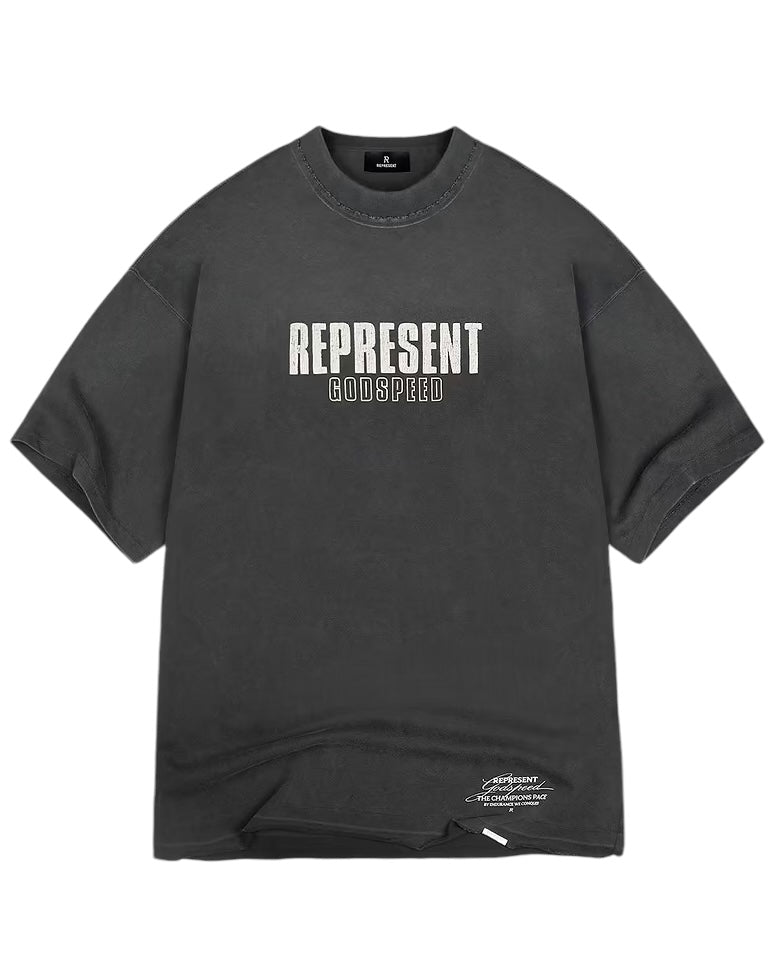 The Represent MLM4222 Godspeed T-shirt in aged black showcases a cracked graphic with the text "REPRESENT GODSPEED" on the front, and is crafted in an oversized fit for maximum comfort and style.