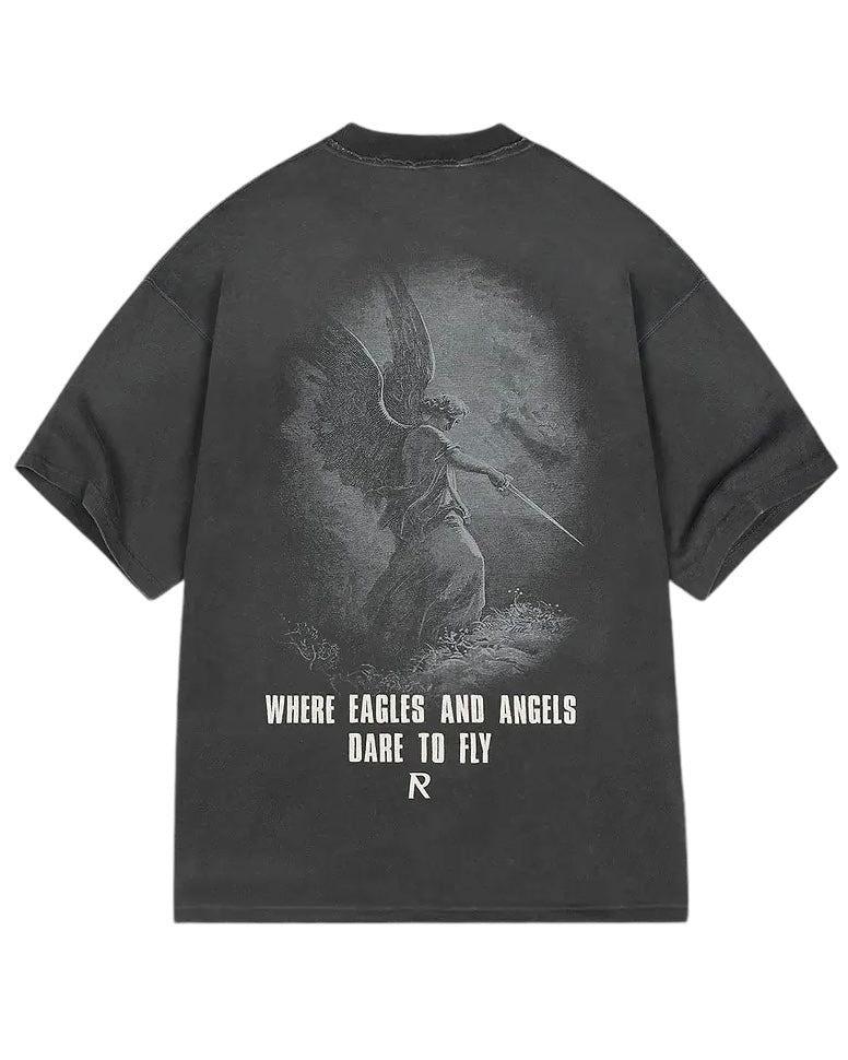 The Represent MLM4222 Godspeed T-shirt in aged black by REPRESENT features an eye-catching cracked angel with a sword graphic on the back, along with the text "Where eagles and angels dare to fly.