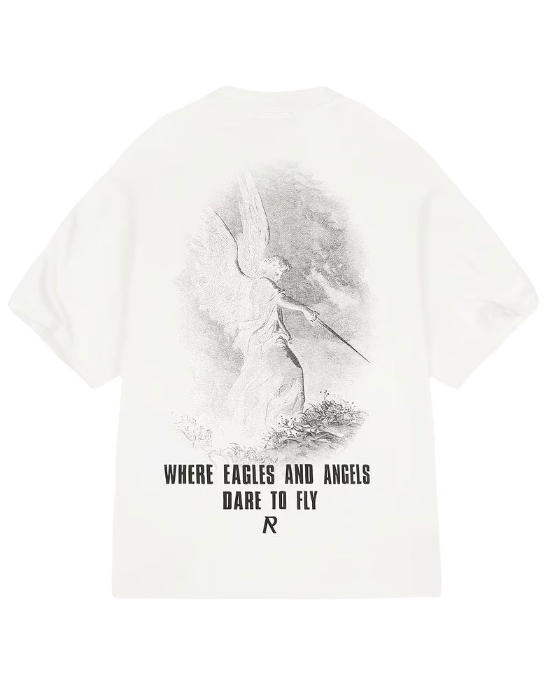 Showcasing an oversized fit, the Represent MLM4222 Godspeed T-shirt in Flat White from REPRESENT features a striking illustration of an angel wielding a spear. Beneath the beautifully cracked graphic, powerful words declare, "Where Eagles and Angels Dare to Fly," making it a bold statement piece.