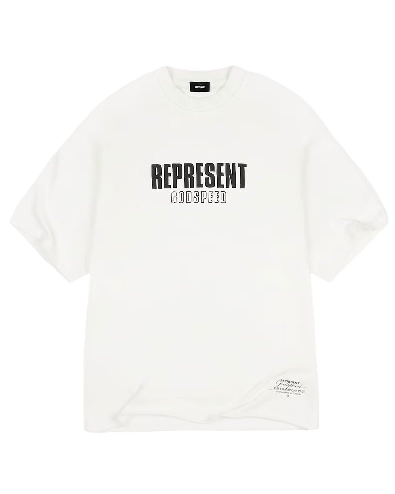 Achieve a relaxed yet stylish look with the oversized Represent MLM4222 Godspeed T-shirt in Flat White from REPRESENT, showcasing “REPRESENT GODSPEED” prominently displayed in bold black letters across the front. The cracked graphic design brings a distinctive flair to this timeless white T-shirt.