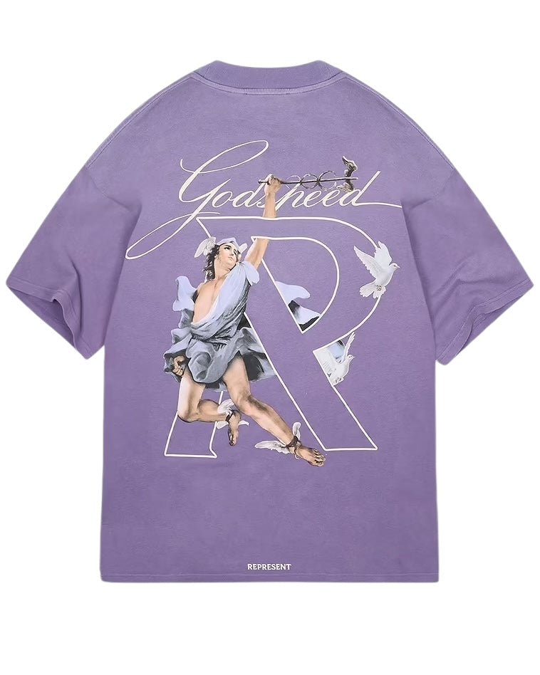 The Represent MLM4228 Hermes T-shirt Purple, by the brand REPRESENT, features an oversized design with a high-density screen print graphic of a winged figure surrounded by doves and the words "Godspeed," accompanied by a prominent "R" on the back.