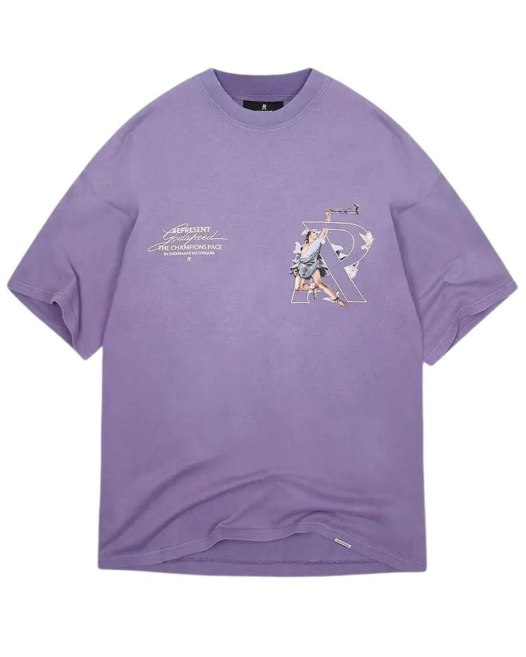 The Represent MLM4228 Hermes T-shirt Purple by REPRESENT showcases a high-density screen print graphic of a person along with text on the chest area, offering an oversized fit.