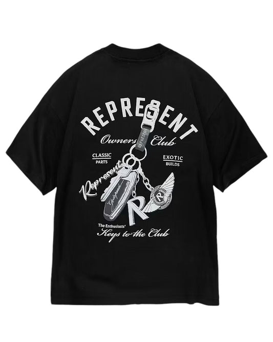 The Represent MLM4236 Keys To The Club T-Shirt in jet black from REPRESENT offers an oversized fit with a "Represent Owners Club" design. It is embellished with keys, a tag, and text, showcasing pearl print graphic details in white and green on the back.