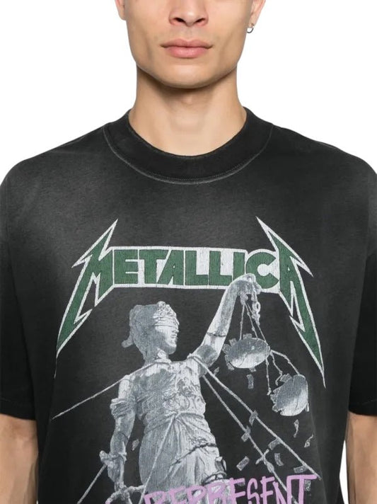 Someone wearing the Represent MLM4352 Metallica Justice Tee Blk by REPRESENT features Lady Justice with scales in a chic black graphic.