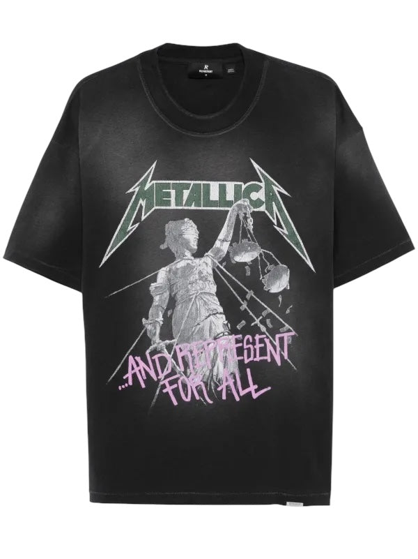 Check out the Represent MLM4352 Metallica Justice Tee Blk from REPRESENT—a stylish black T-shirt featuring the iconic band's name and "...And Justice for All" cover art.