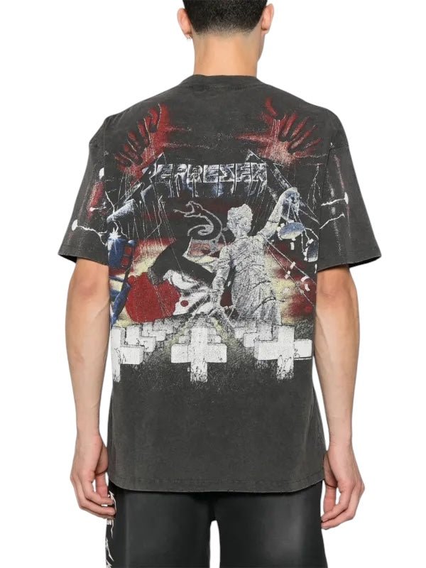 Someone is wearing the Represent MLM4354 Master Of Puppets Tee by REPRESENT, a classic crew neck in vintage grey featuring an abstract back design with crosses, chains, and art elements.