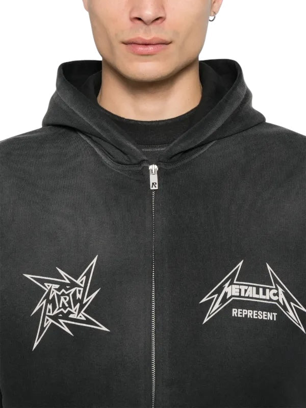 Wearing the Represent MLM4370 40 Year Anniversary Zip Hood Blk, featuring Metallica and "R" logos, you stand out with a sleek black hoodie that pays homage to Metallica's 40th Anniversary.