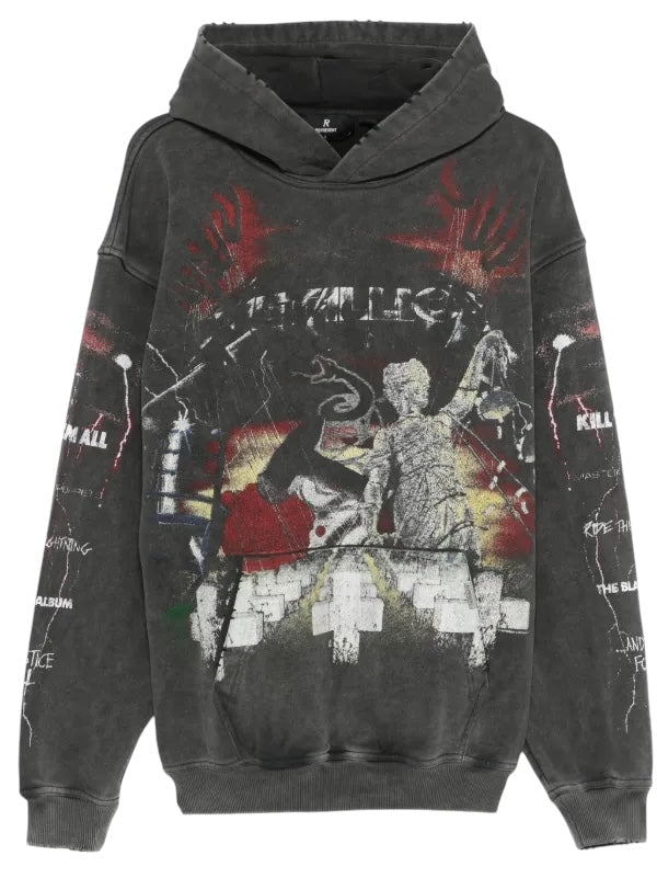 The Represent MLM4374 Master Of Puppets Hood Grey by REPRESENT features abstract designs with a statue, hands, crosses, and text.