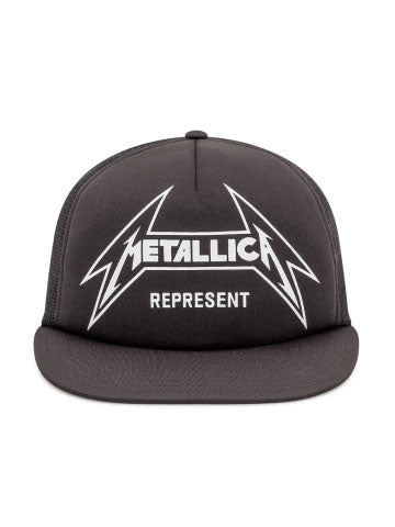 The Represent MLM802 Metallica Cap Blk by REPRESENT is a sleek black cap featuring "Metallica" in white stylized text above "Represent," enhanced with modern mesh detailing.