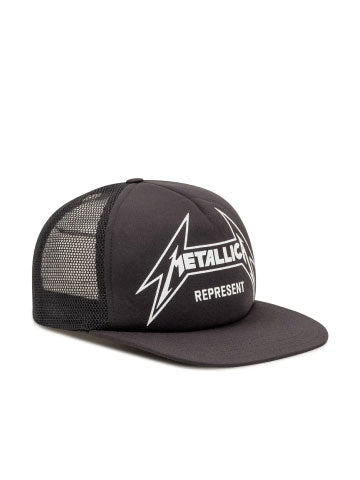 The Represent MLM802 Metallica Cap Blk from REPRESENT is a sleek black trucker hat featuring white "Metallica" and "Represent" logos on the front, with mesh detailing on the back.