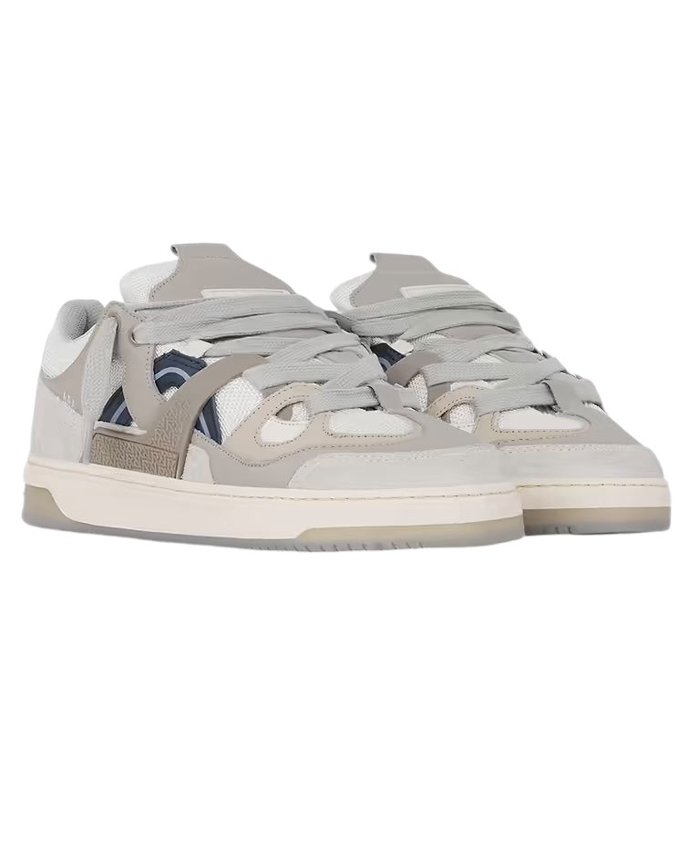 The Represent MLM9599 Bully Grey sneakers by REPRESENT are crafted with a modern design, featuring luxurious leather accents, large laces, and a thick sole.