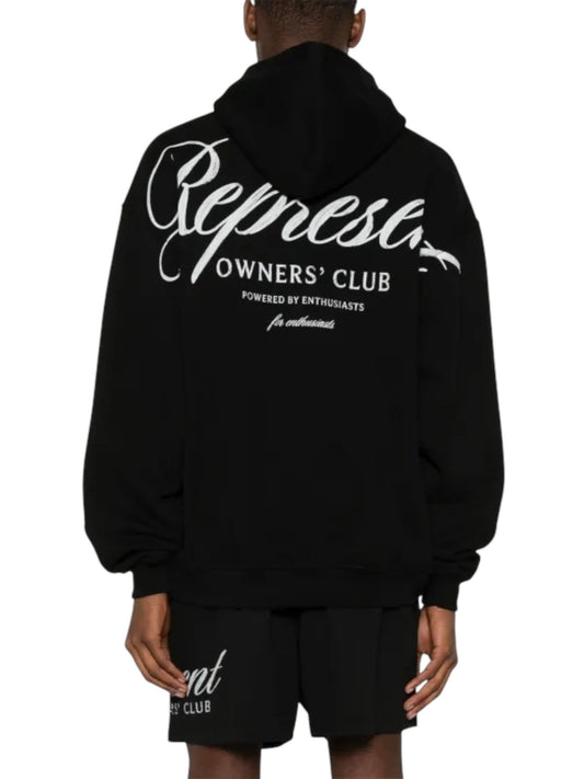 Wearing the Represent OCM41200 Club Script Hoodie in Black with shorts, they showcase the bold "Represent OCM41200" text on the back—an eye-catching addition to any streetwear lineup.