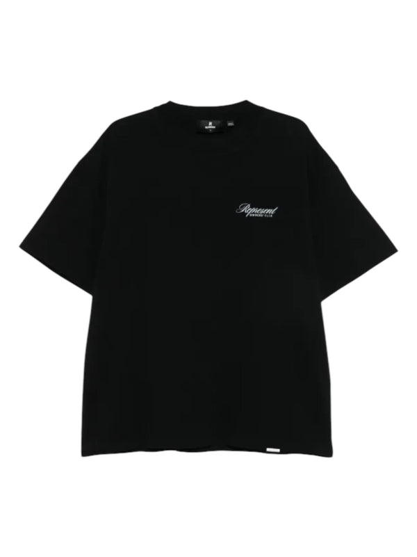 Represent OCM41201 Club Script T-shirt in Black by REPRESENT, features an oversized fit with "Represent" in small white script on the chest.