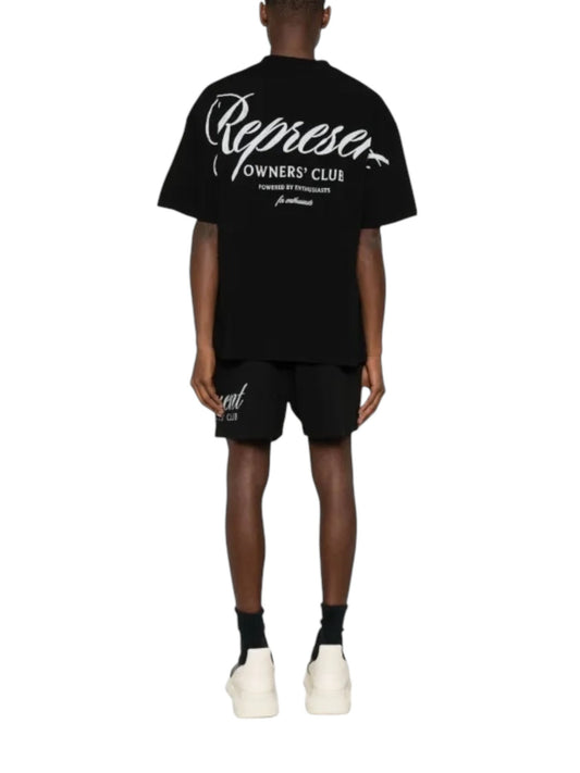 Facing away, a person is wearing a black Represent OCM41201 Club Script T-shirt and shorts with white text, complemented by white sneakers and black socks.