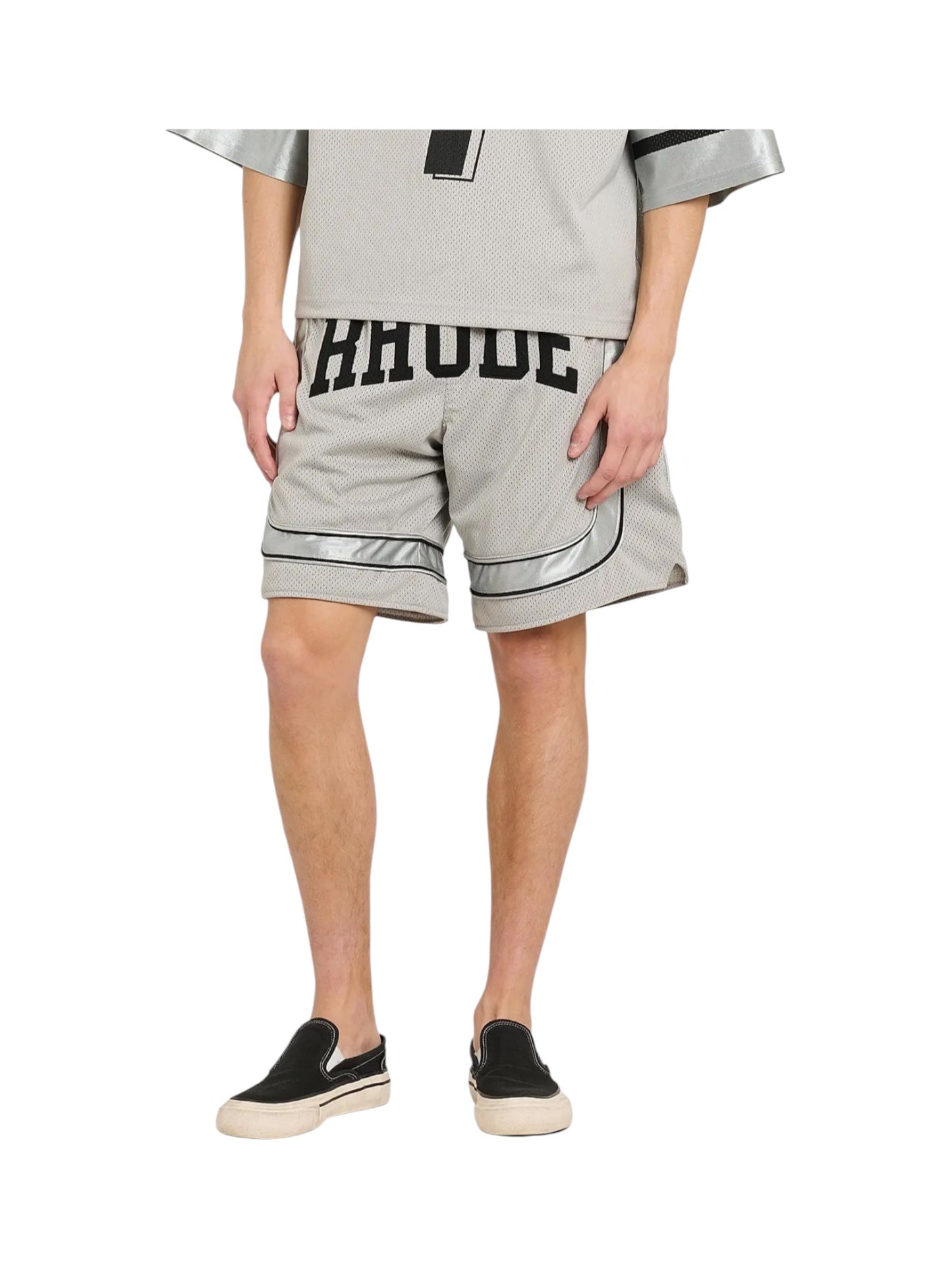 Rhude Baggy Mesh Collegiate Logo Shorts Grey-Silver