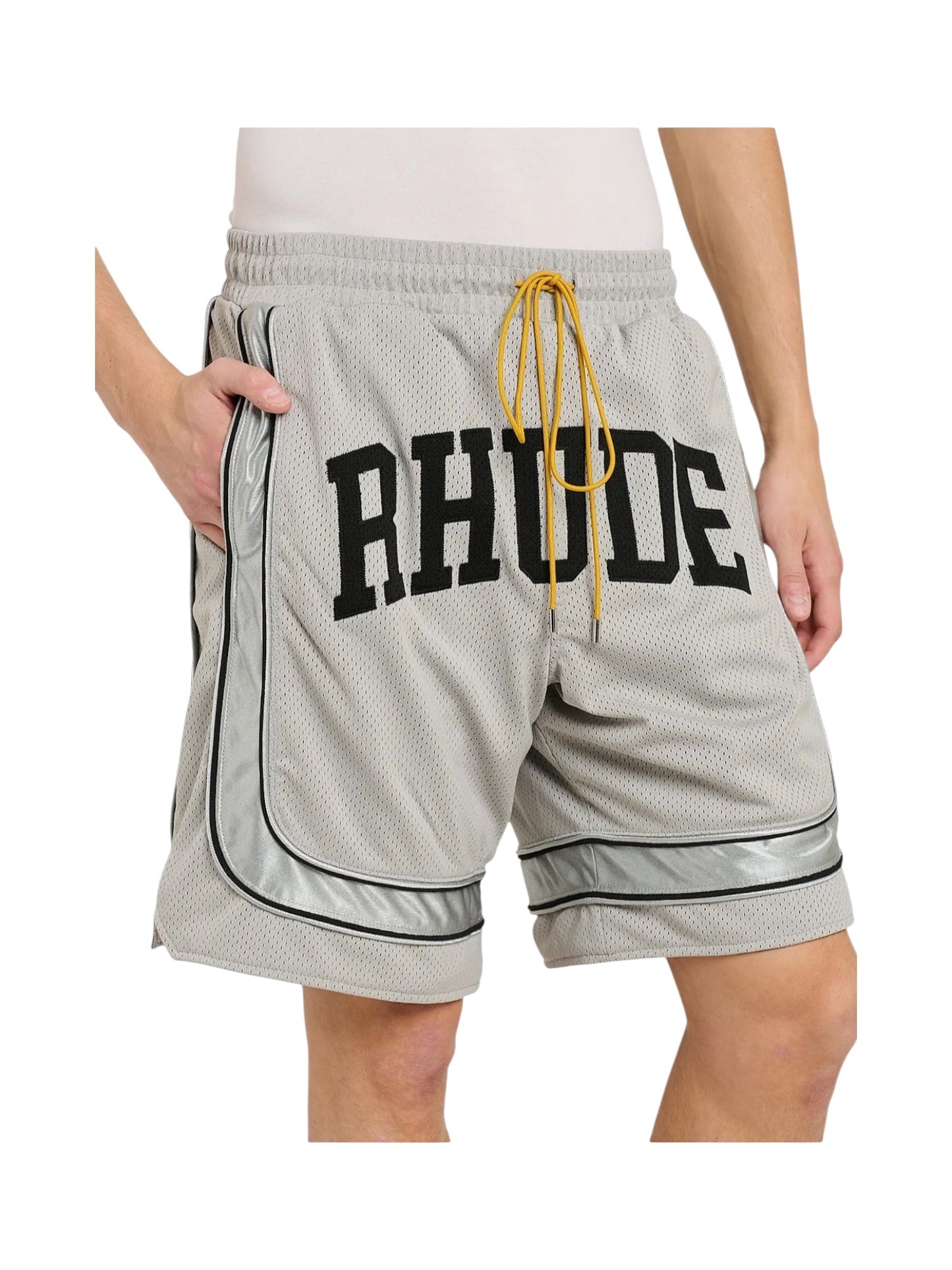 Rhude Baggy Mesh Collegiate Logo Shorts Grey-Silver
