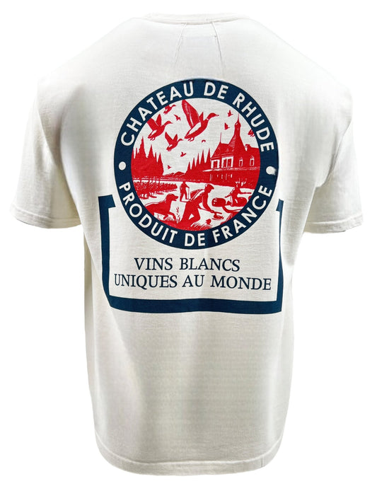 White, 100% cotton Rhude Bordeaux Wine Tee Vtg White by RHUDE, showcasing a circular graphic on the back that includes a vineyard scene with birds and a winery building. The text reads "Chateau de Rhude," "Produit de France," and "Vins Blancs Uniques au Monde.