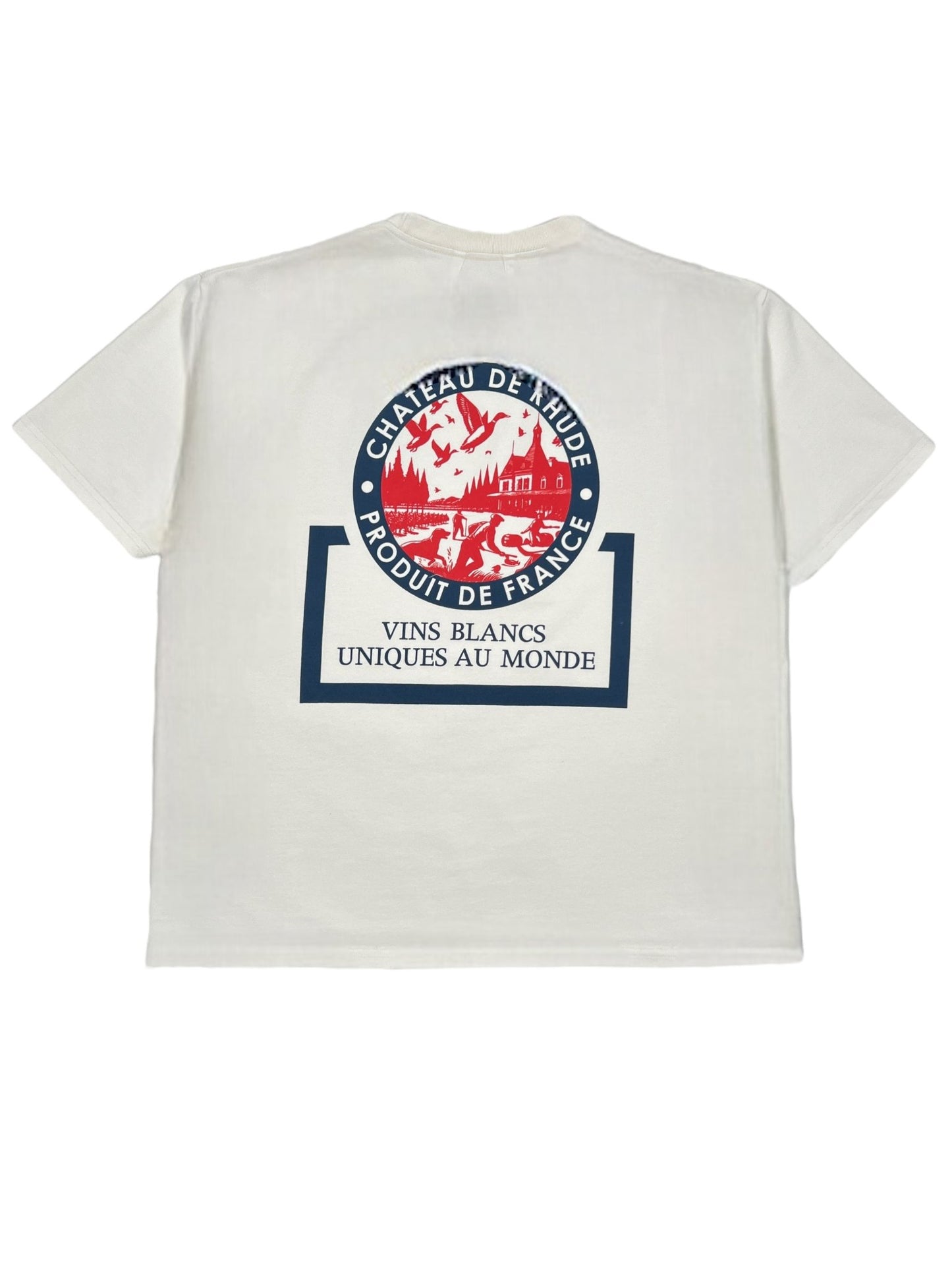 The Rhude Bordeaux Wine Tee Vtg White by RHUDE is a beige graphic t-shirt made from 100% cotton. It features a circular red and blue design on the back with artwork that reads: "CHATEAU DE NUDE PRODUIT DE FRANCE" and "VINS BLANCS UNIQUES AU MONDE.