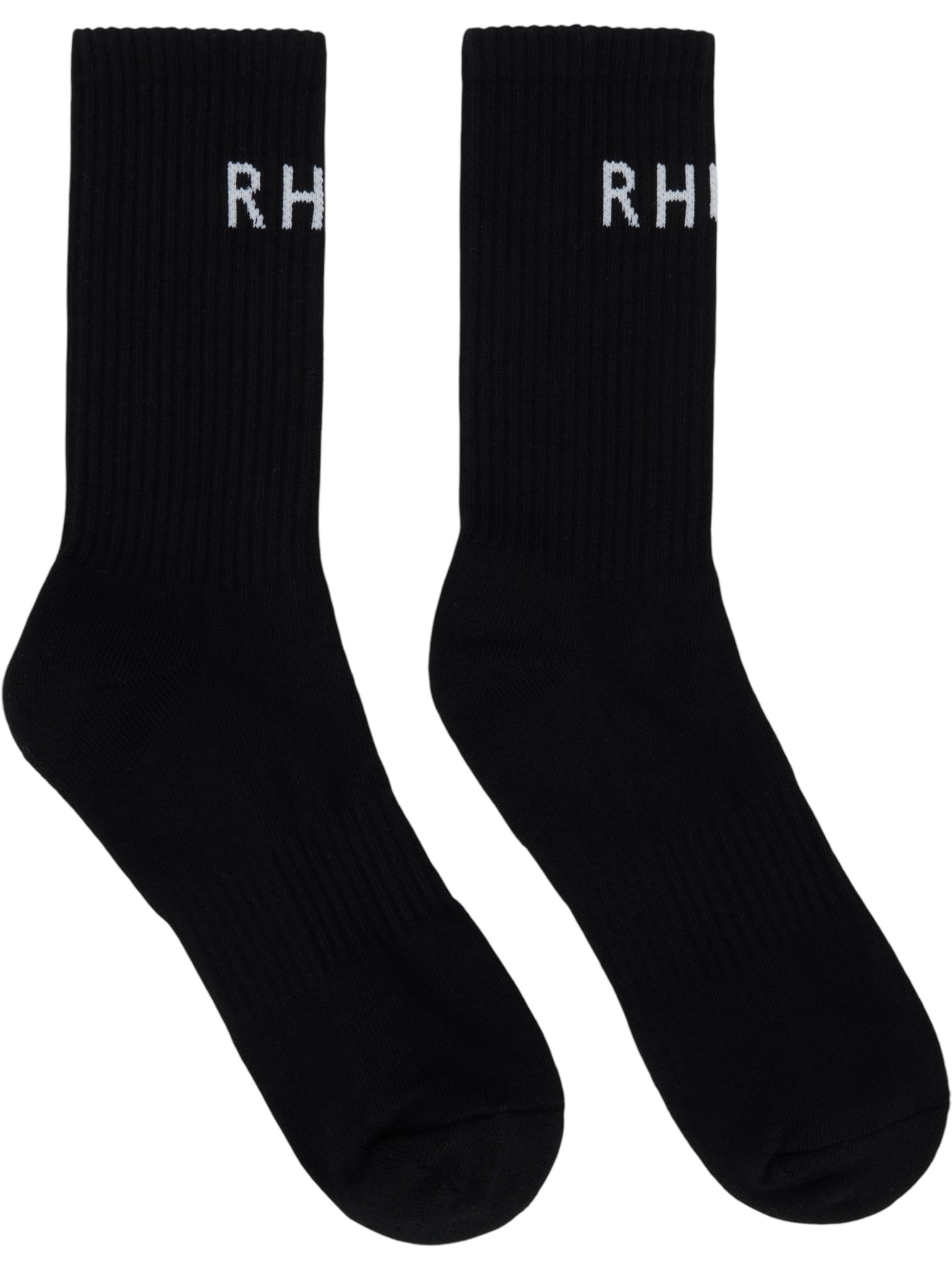 The Rhude Classic Logo Socks by RHUDE are black, calf-high, and ribbed with a white "RH" jacquard logo near the top.