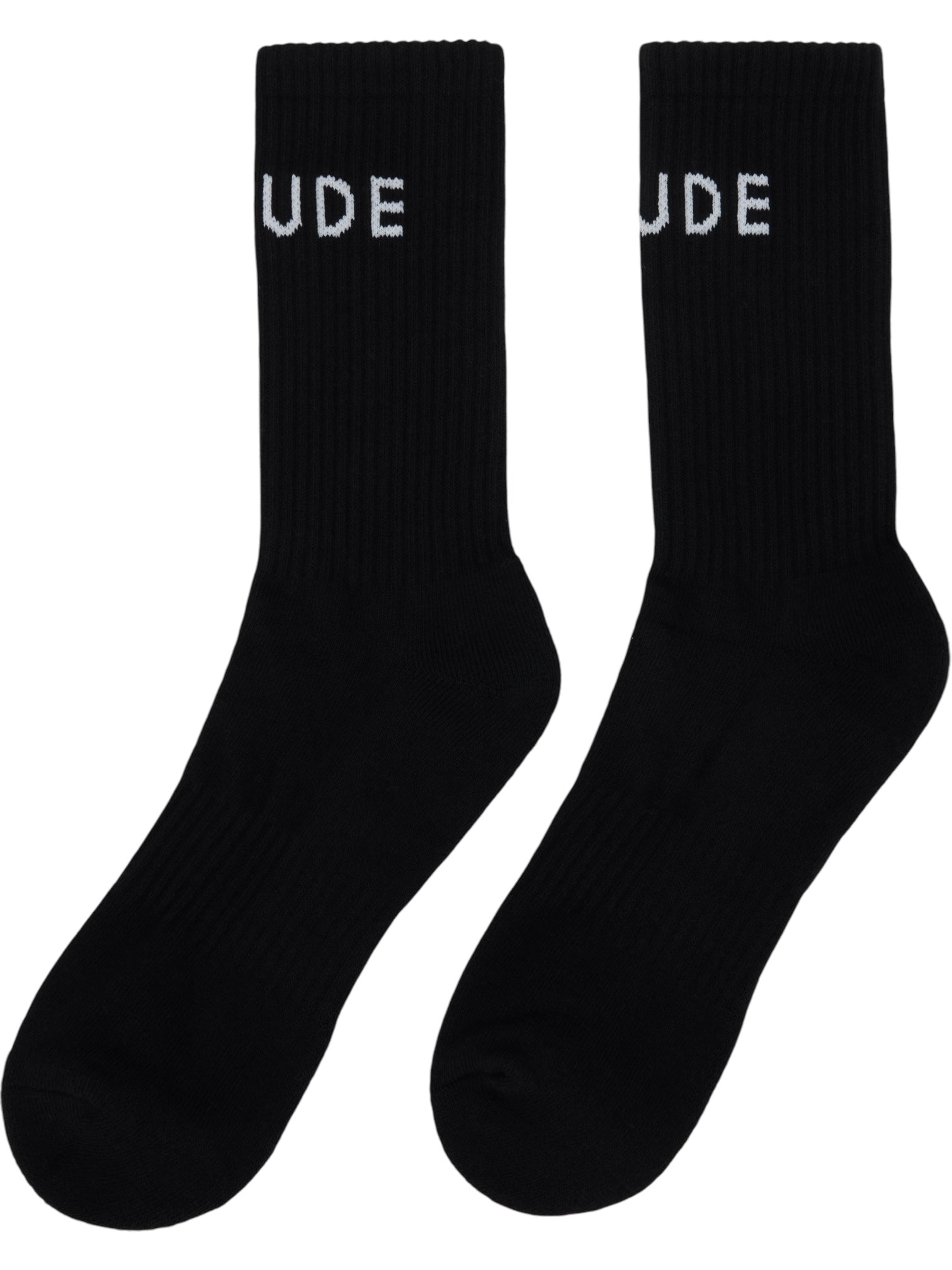 The RHUDE Classic Logo Socks in black/white are calf-high with a knit stretch, featuring a white jacquard logo that partially reads "UDE" on each sock.