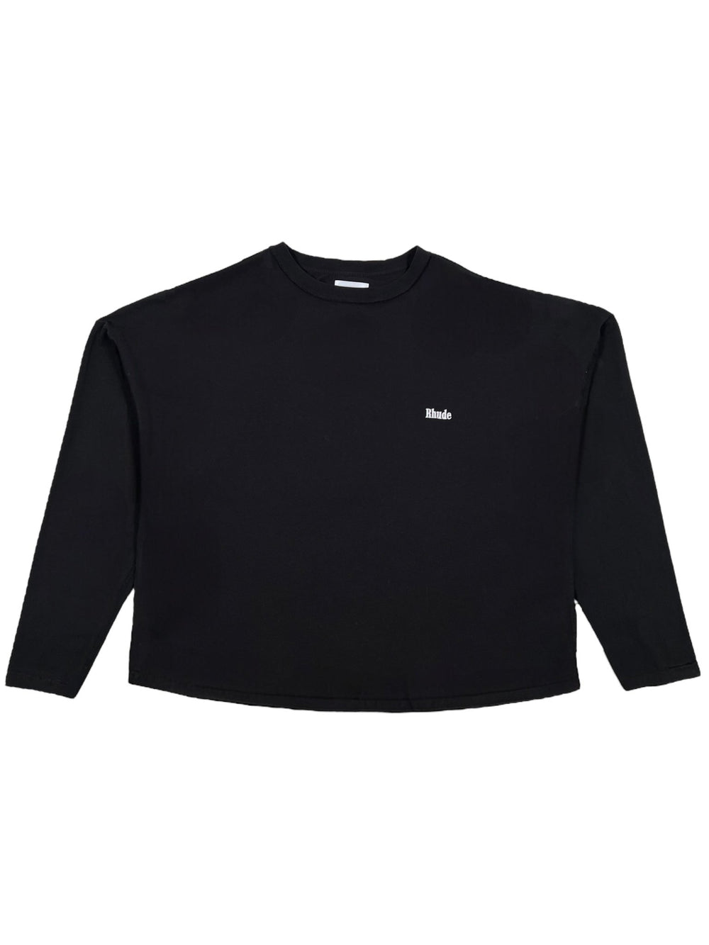 The Rhude Classique Reverse LS Tee by RHUDE is a black long-sleeve shirt with a subtle white chest logo, displayed on a plain white background.