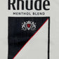 The RHUDE Collins Fumar Tee in Vintage White/Black/Red features "Rhude" above "Menthol Blend" with a black and white shield, a red diagonal line, and a crest. Made from 100% cotton for comfort and style.
