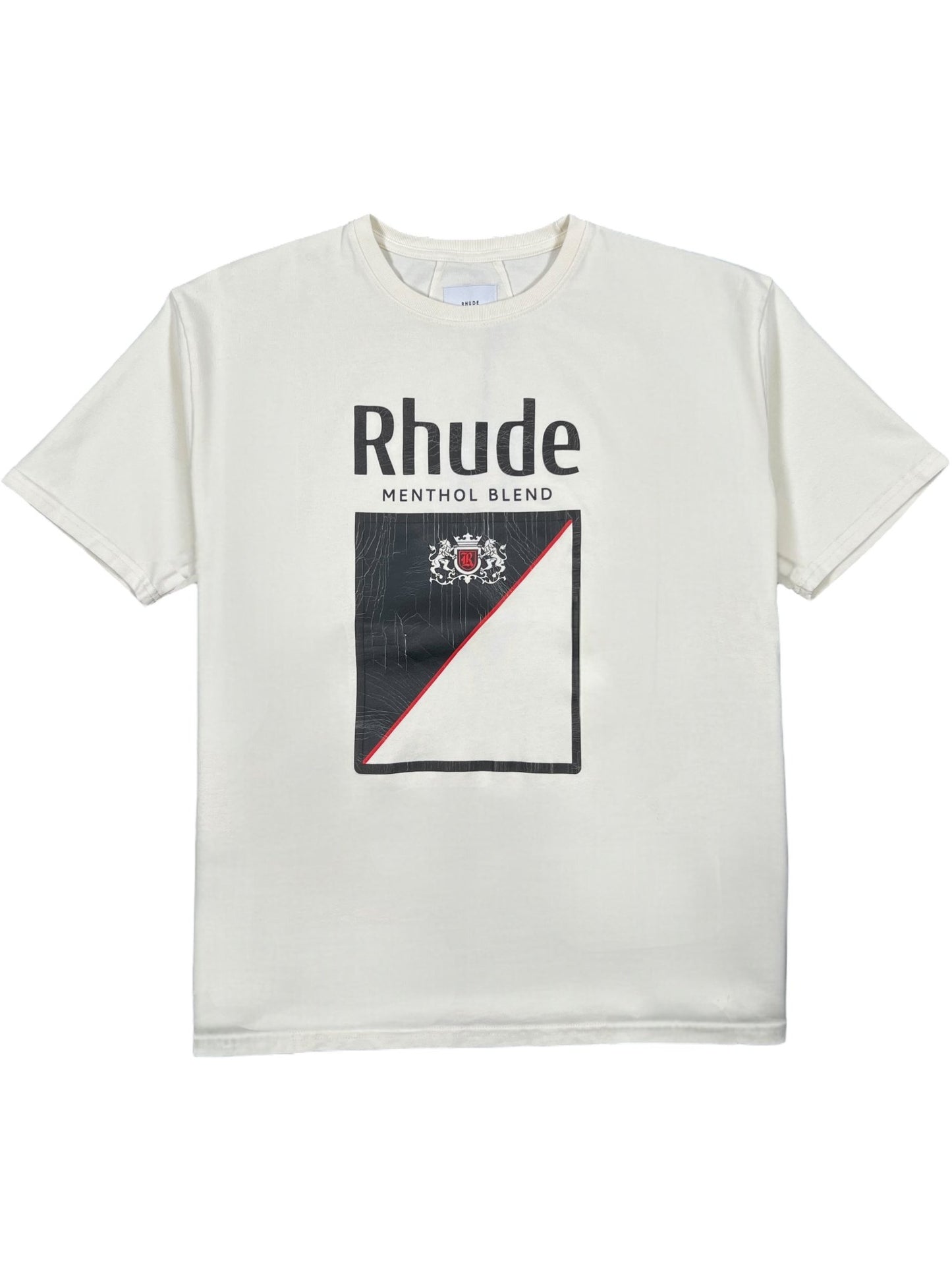 The RHUDE Collins Fumar Tee in Vintage White/Black/Red is crafted from 100% cotton, featuring "Rhude Menthol Blend" text and a crest with a diagonal line graphic on the front.