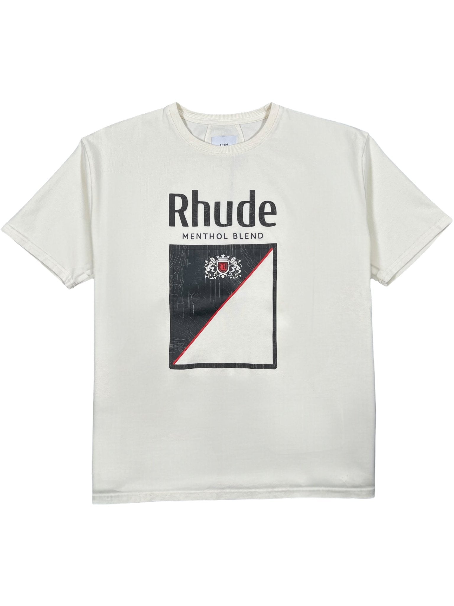 The RHUDE Collins Fumar Tee in Vintage White/Black/Red is crafted from 100% cotton, featuring "Rhude Menthol Blend" text and a crest with a diagonal line graphic on the front.