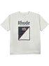 The RHUDE Collins Fumar Tee in Vintage White/Black/Red is crafted from 100% cotton, featuring "Rhude Menthol Blend" text and a crest with a diagonal line graphic on the front.