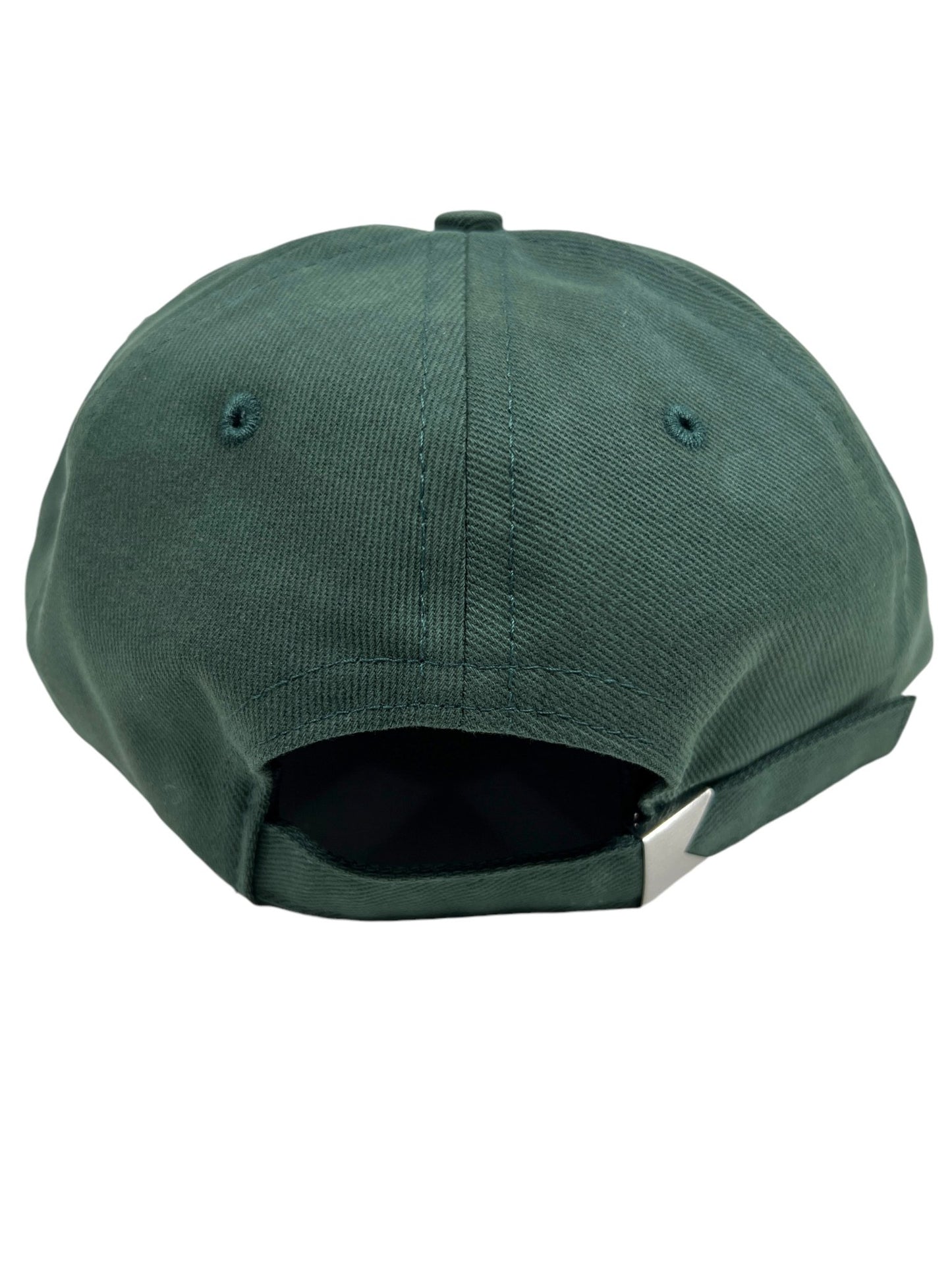 A RHUDE DIANA CREST HAT in green, viewed from the back, featuring an adjustable strap with a metal buckle.