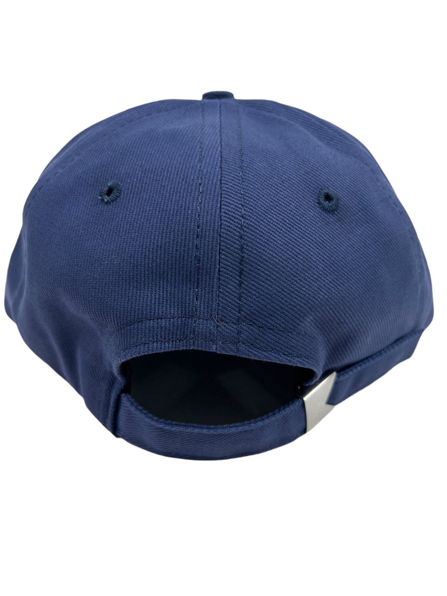 The RHUDE DIANA CREST HAT in navy is shown from the back, featuring a fabric strap and a metal buckle for size adjustment. Made from 100% cotton, this stylish accessory adds a touch of RHUDE design to your casual look.