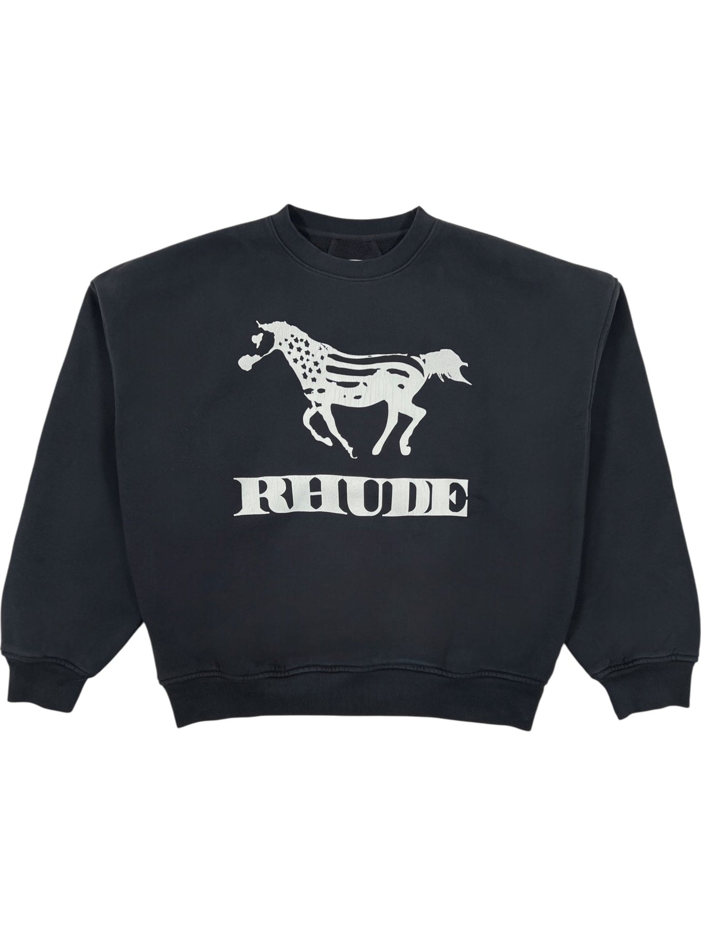 The RHUDE Dinero Crewneck Vintage Black/White features a vintage black design with a white horse graphic and "RHUDE" text on the front. Made from 100% cotton, it offers comfortable wear with bold, classic style.