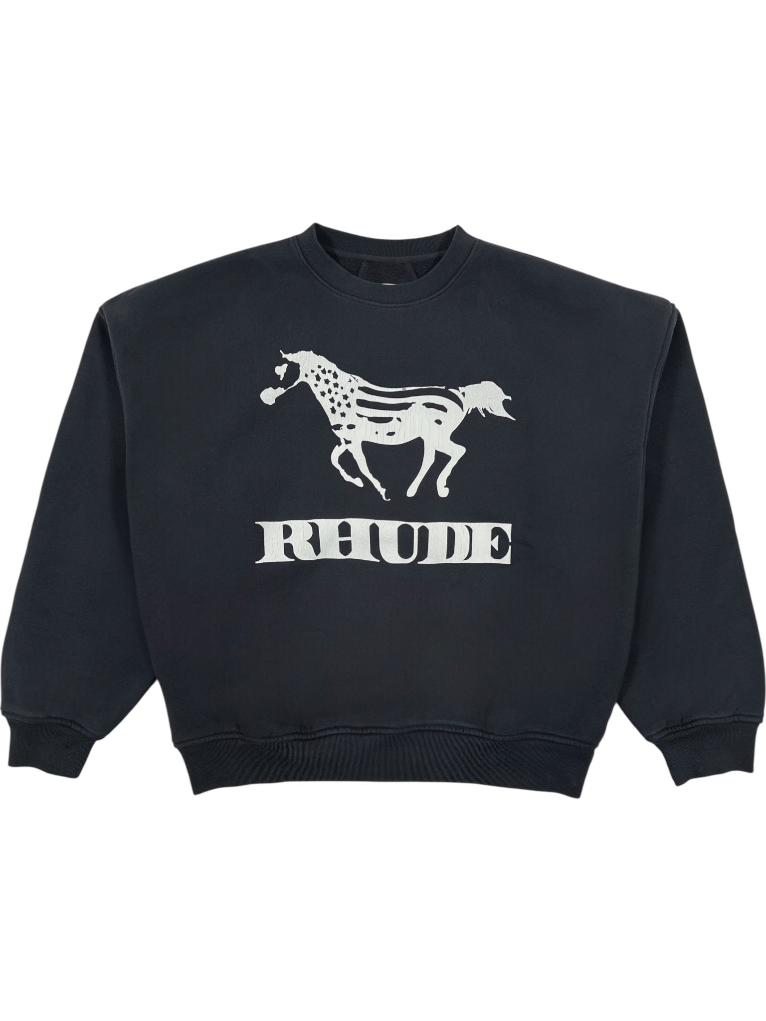 The RHUDE Dinero Crewneck Vintage Black/White features a vintage black design with a white horse graphic and "RHUDE" text on the front. Made from 100% cotton, it offers comfortable wear with bold, classic style.