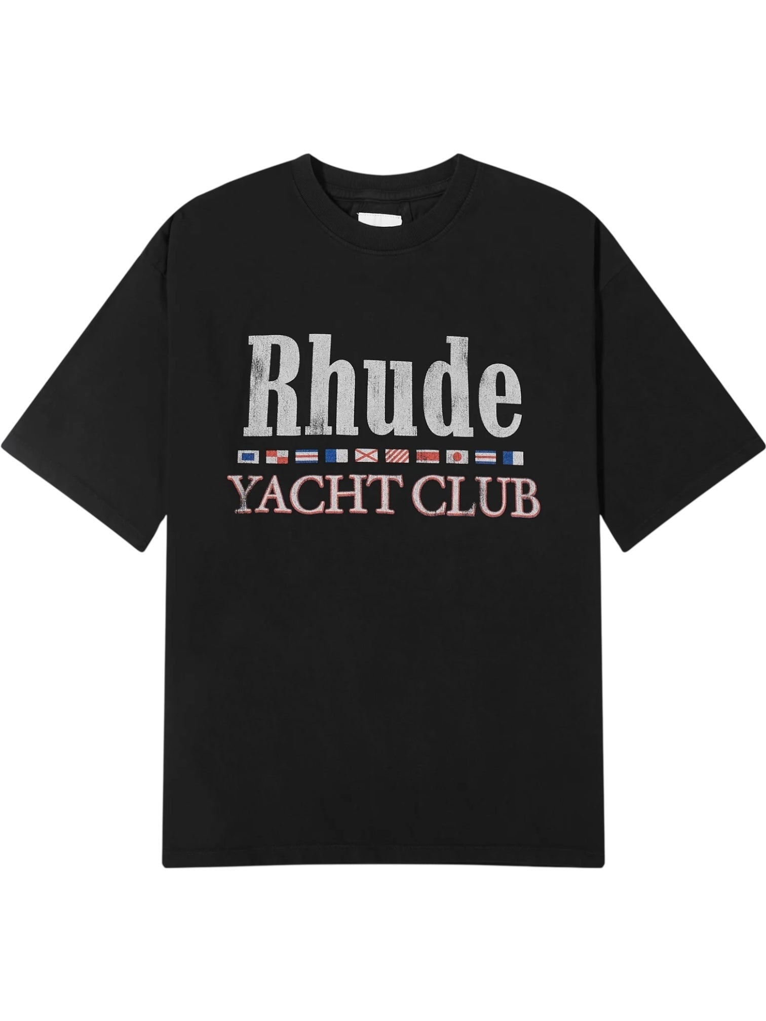 The RHUDE FLAG TEE BLK by RHUDE showcases "Rhude" in bold gray, "YACHT CLUB" in red beneath it, and a row of colorful nautical flags—blending luxury streetwear with American-inspired graphics.