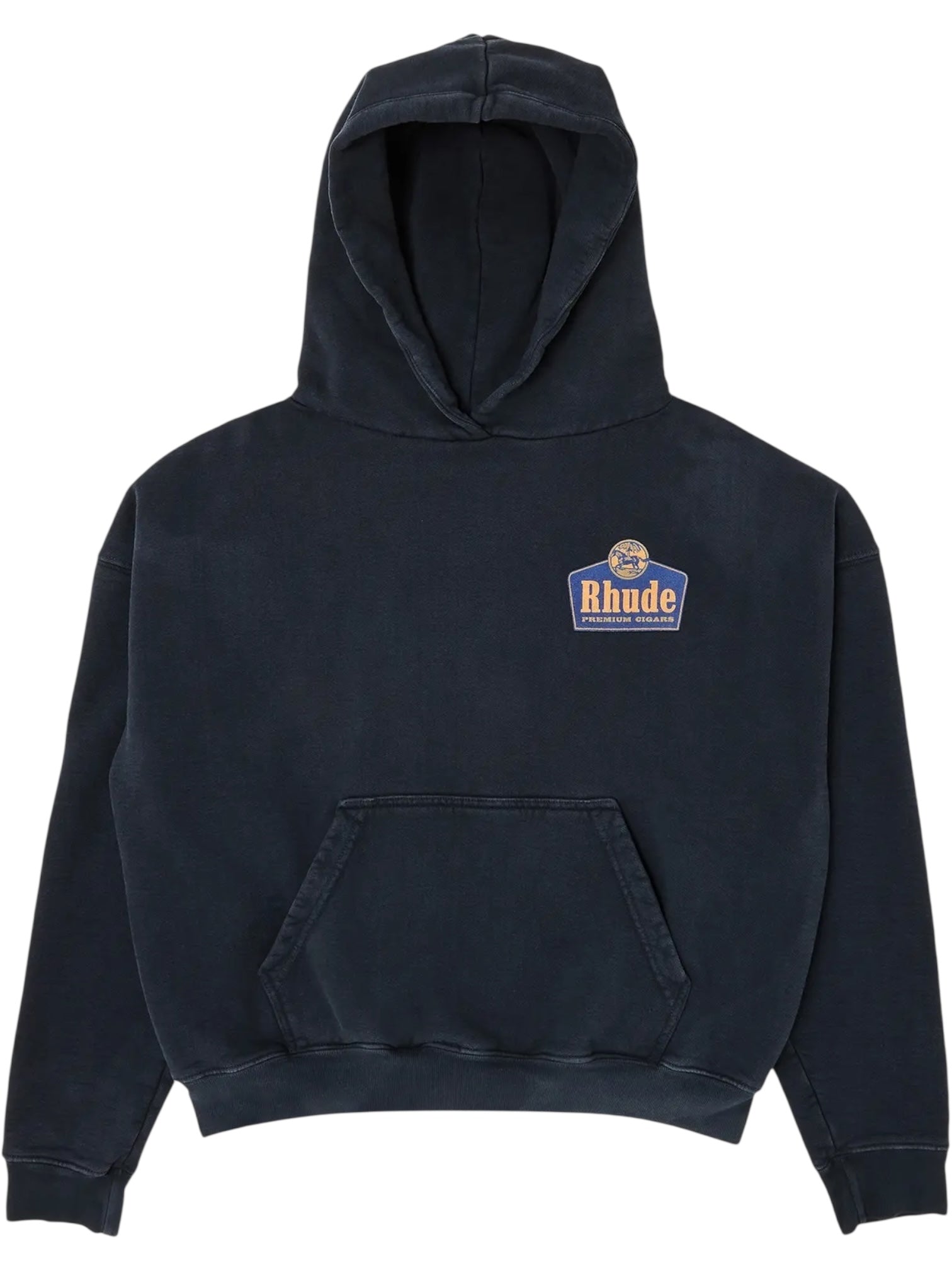 The RHUDE GRAND CRU HOODIE VTG BLACK is a 100% cotton black hoodie from RHUDE, featuring a front pocket and a small "Rhude" logo patch on the left chest.