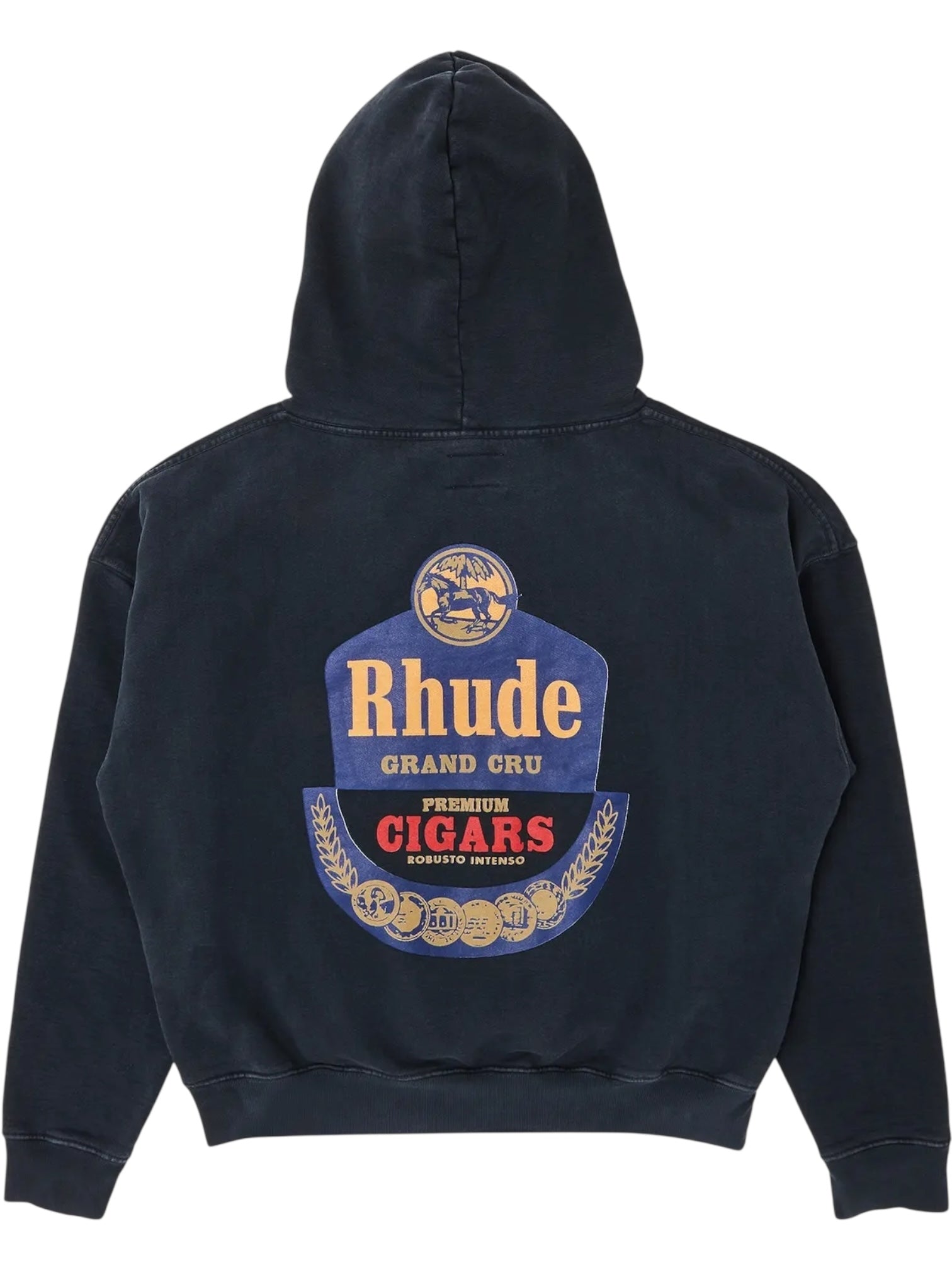 The RHUDE GRAND CRU HOODIE VTG BLACK by RHUDE is a 100% cotton black hoodie with a large "Rhude Grand Cru Premium Cigars" graphic and decorative elements printed on the back.